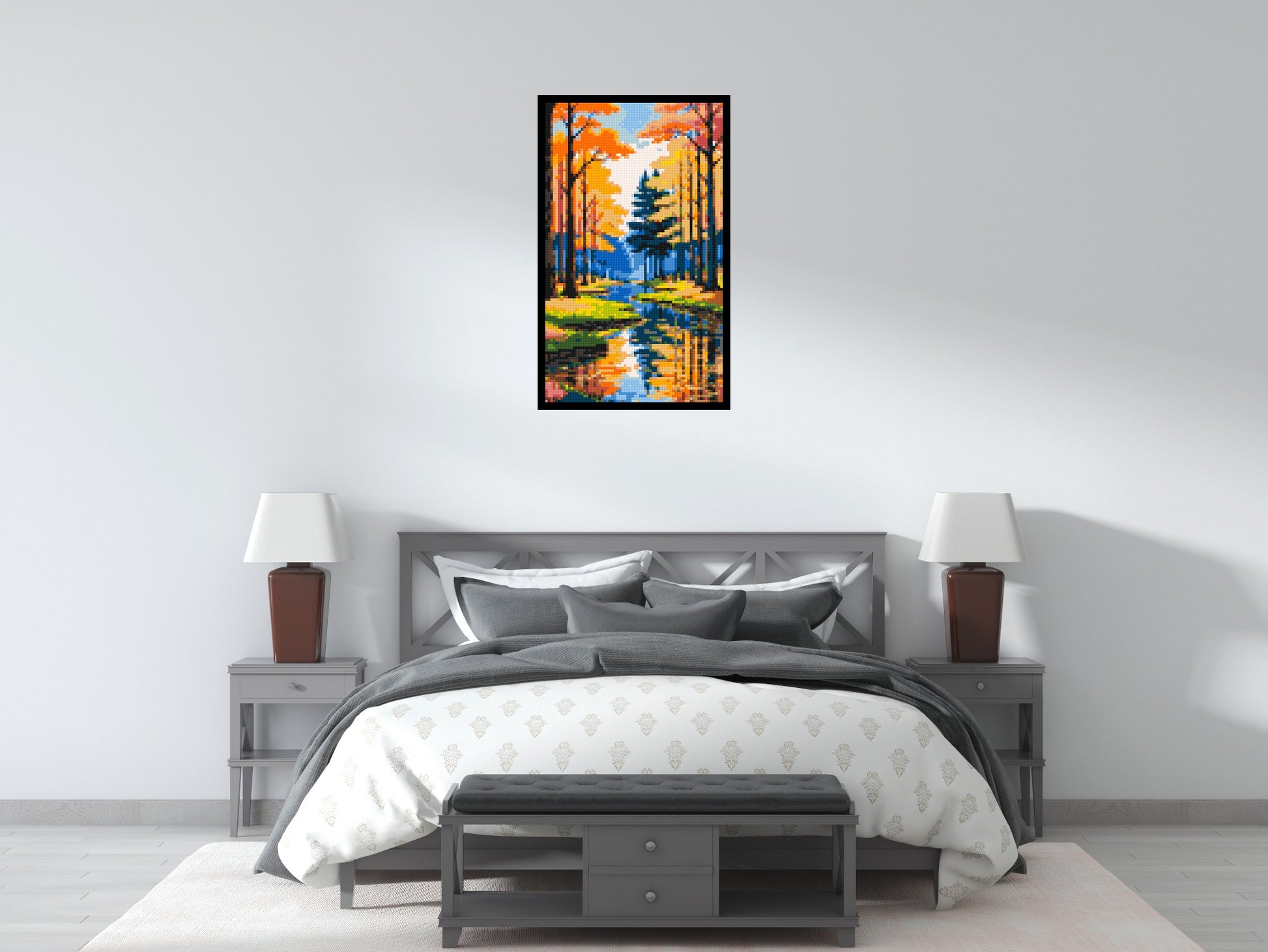 Autumn Forest River Reflection Illustration - Brick Art Mosaic Kit 3x5 scene with frame