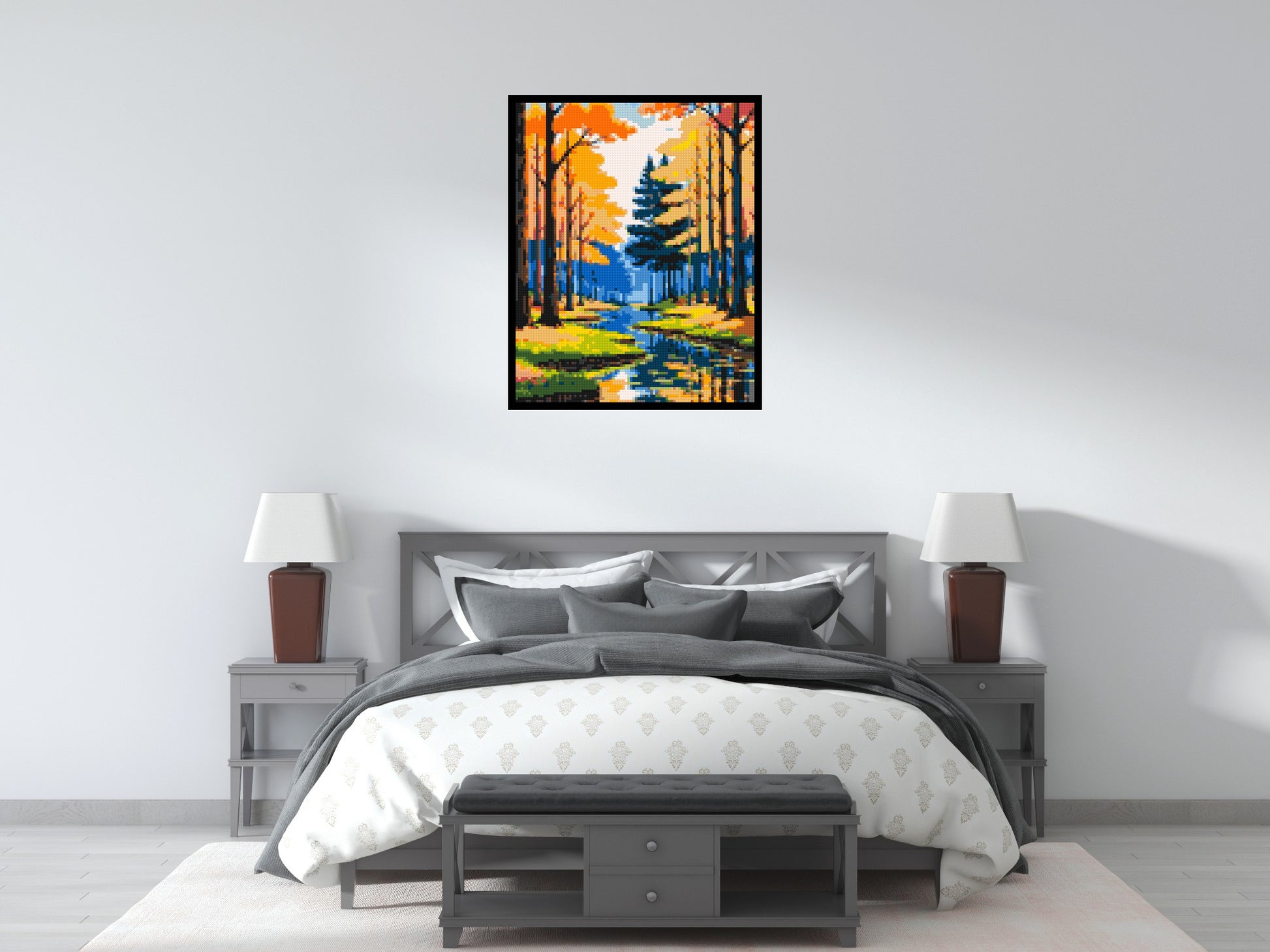 Autumn Forest River Reflection Illustration - Brick Art Mosaic Kit 4x5 scene with frame