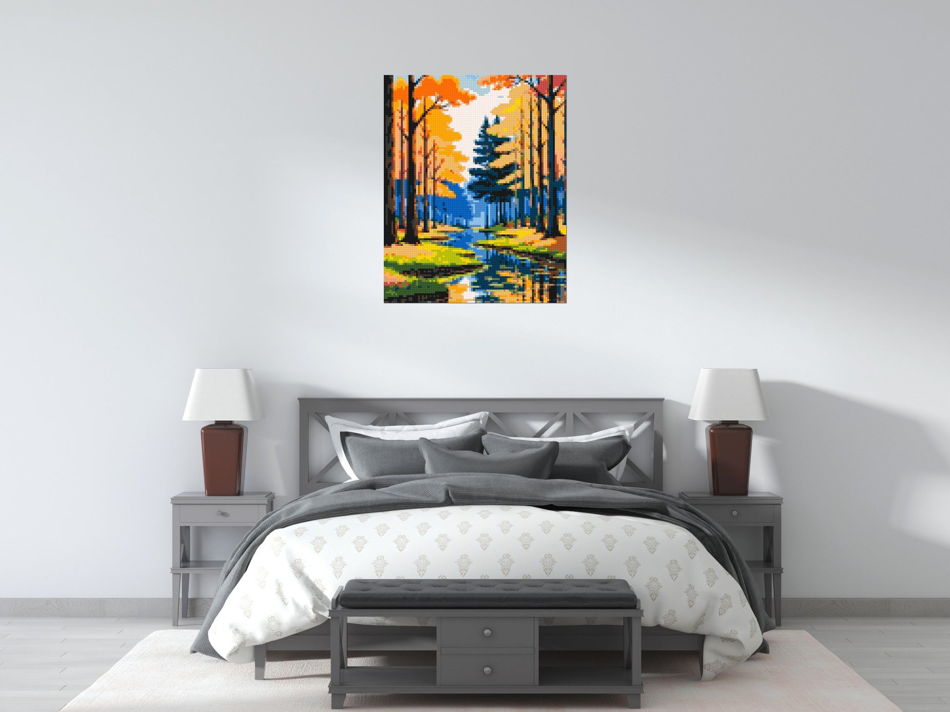 Autumn Forest River Reflection Illustration - Brick Art Mosaic Kit 4x5 scene