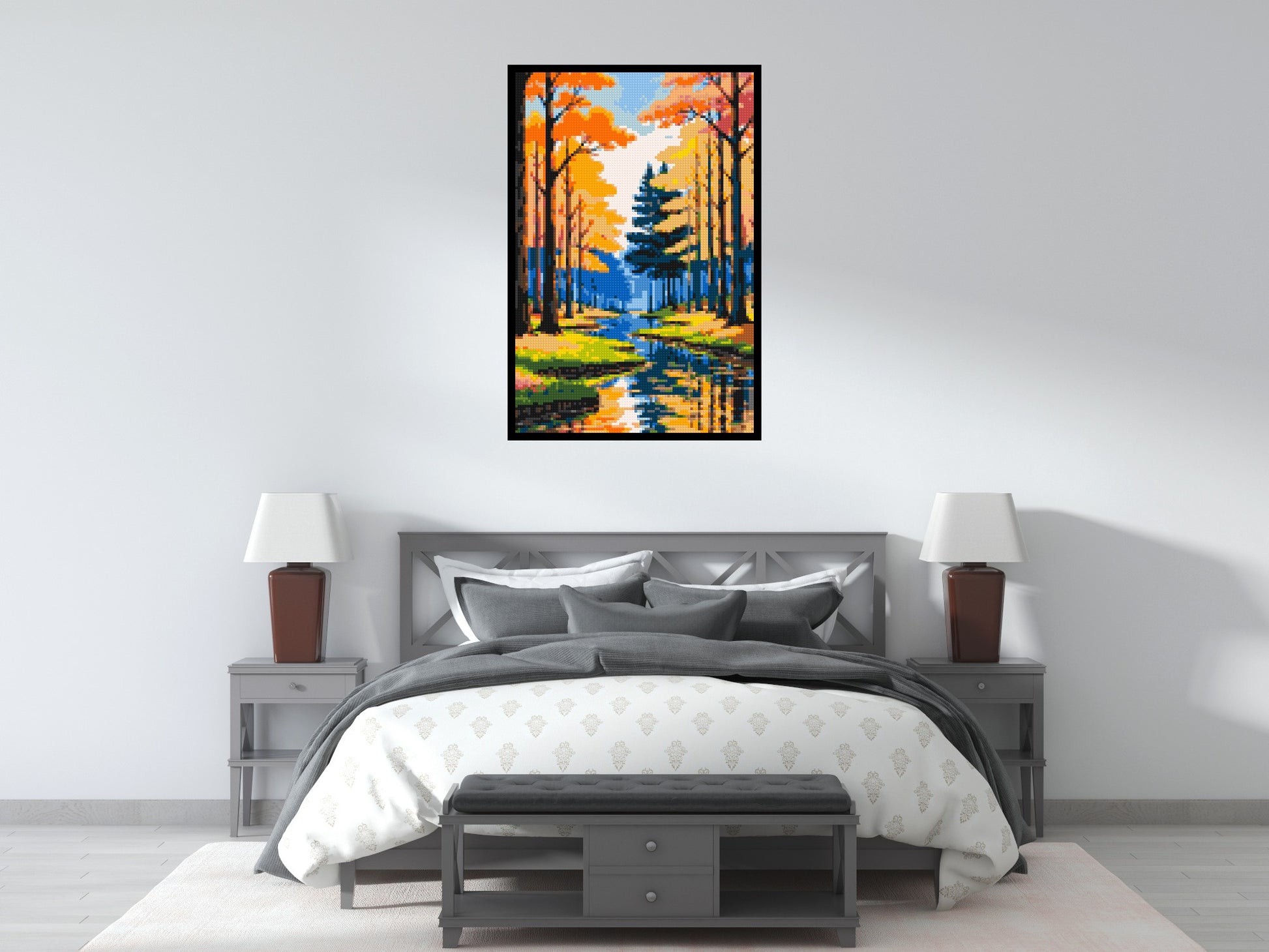 Autumn Forest River Reflection Illustration - Brick Art Mosaic Kit 4x6 scene with frame