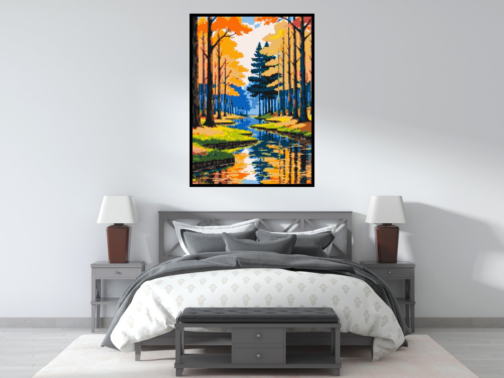 Autumn Forest River Reflection Illustration - Brick Art Mosaic Kit 5x7 scene with frame