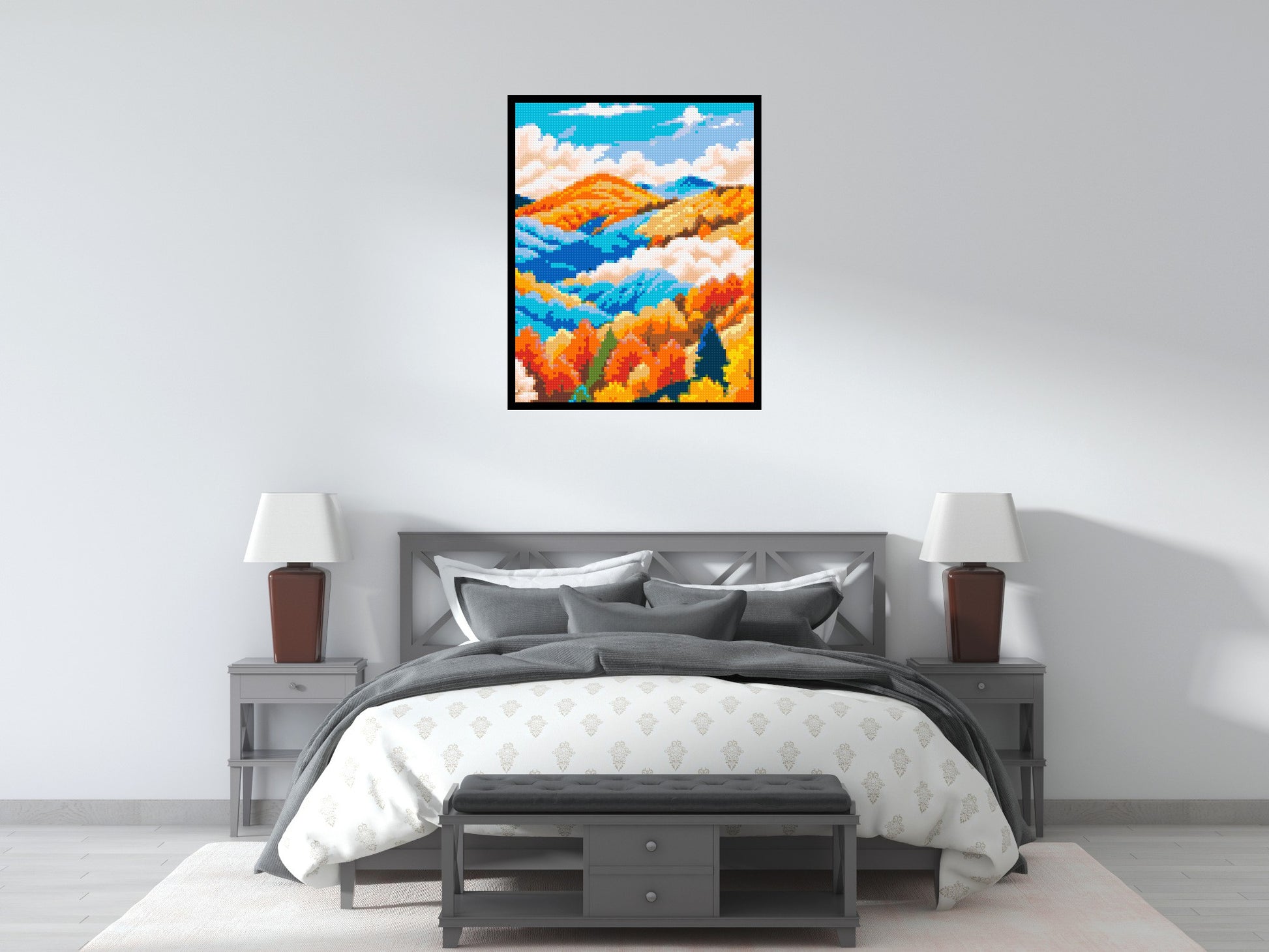 Vibrant Autumn Mountain Forest Illustration - Brick Art Mosaic Kit 4x5 scene with frame