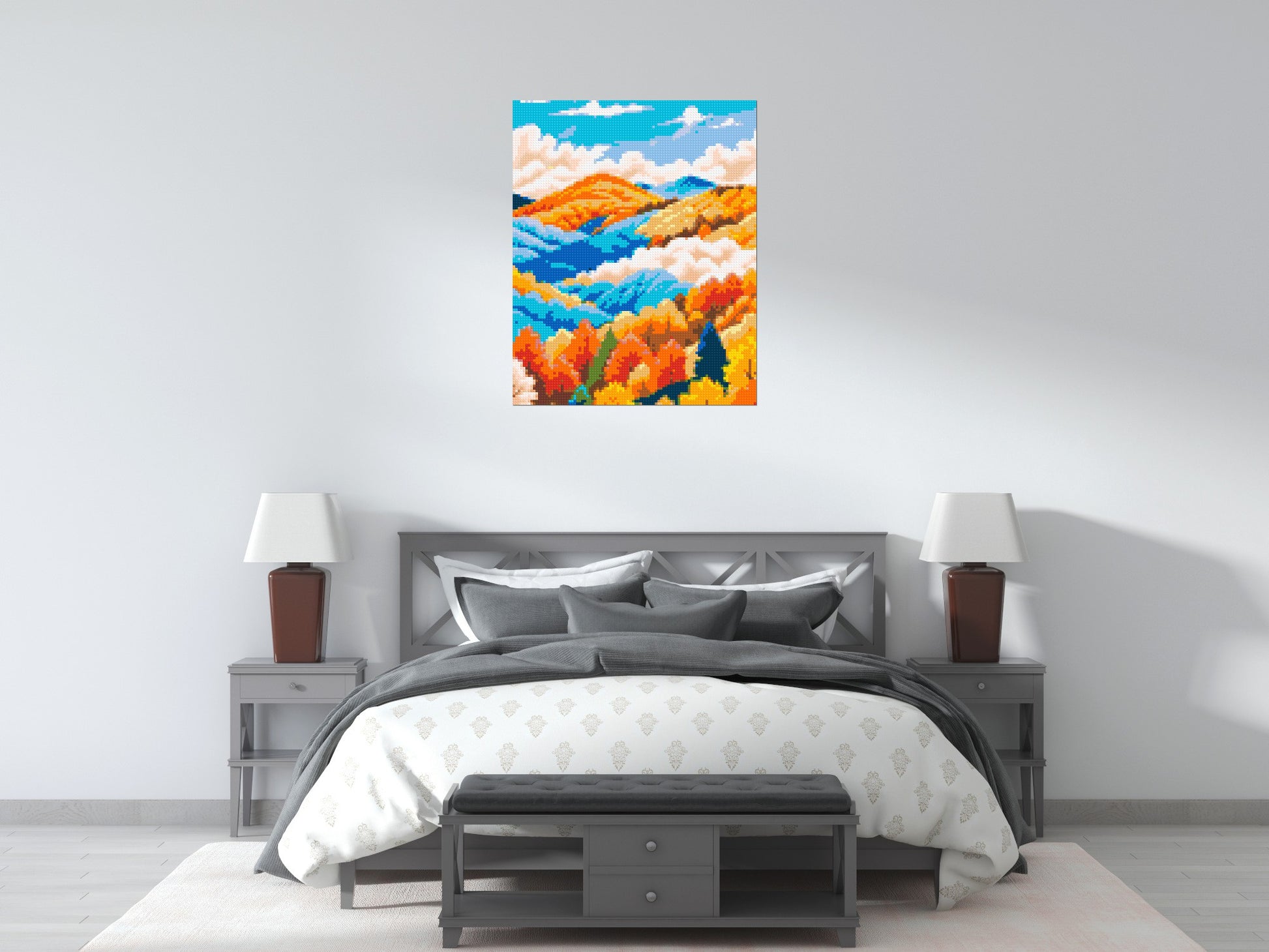 Vibrant Autumn Mountain Forest Illustration - Brick Art Mosaic Kit 4x5 scene
