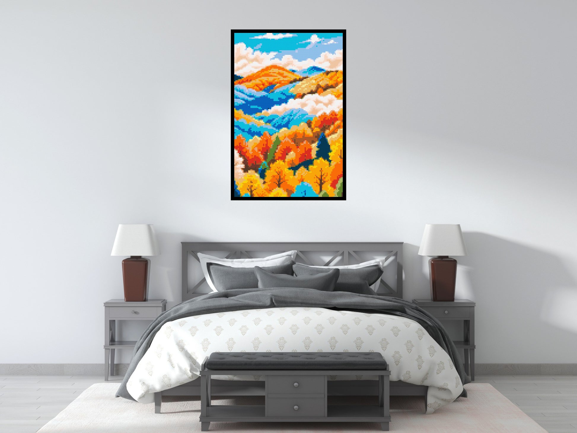 Vibrant Autumn Mountain Forest Illustration - Brick Art Mosaic Kit 4x6 scene with frame