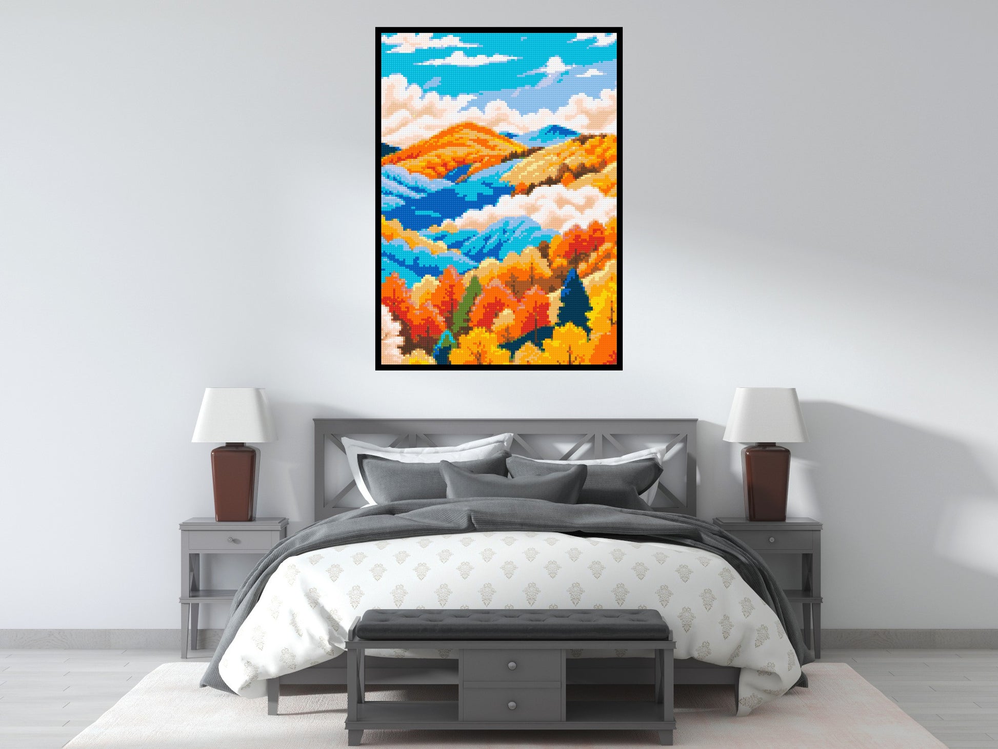 Vibrant Autumn Mountain Forest Illustration - Brick Art Mosaic Kit 5x7 scene with frame