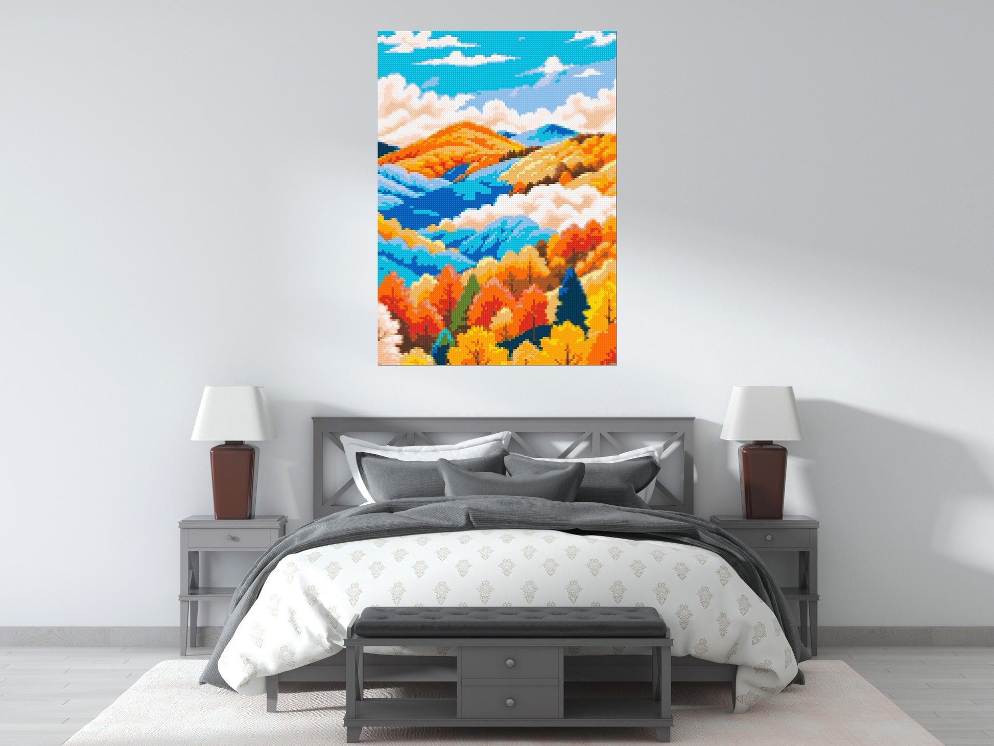 Vibrant Autumn Mountain Forest Illustration - Brick Art Mosaic Kit 5x7 scene
