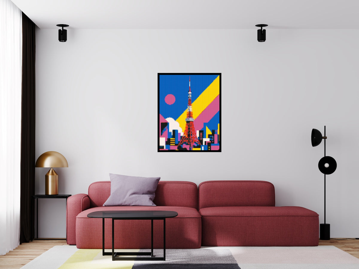 Tokyo Tower Geometric Pop Art - Brick Art Mosaic Kit 4x5 scene with frame