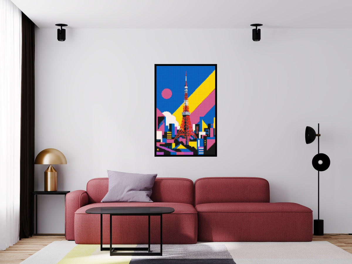 Tokyo Tower Geometric Pop Art - Brick Art Mosaic Kit 4x6 scene with frame